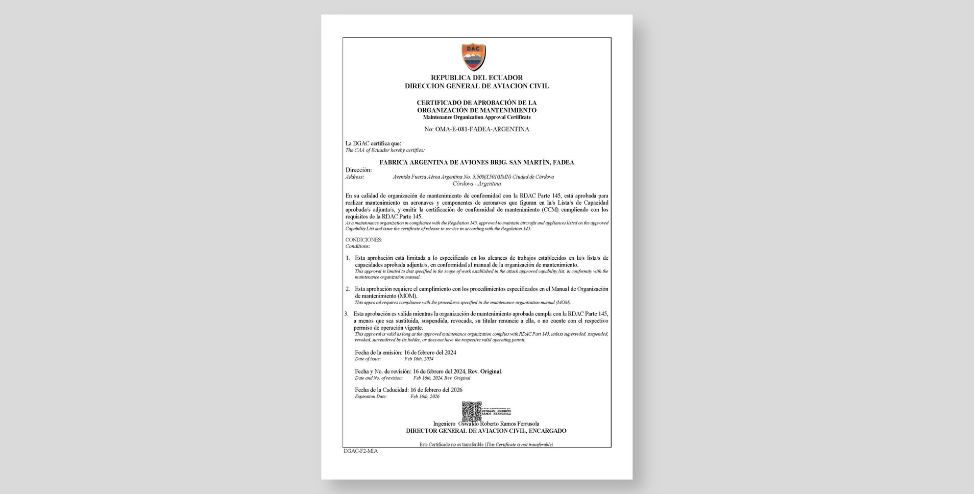 DGAC Ecuador - Certificate of Approval OMA E 081