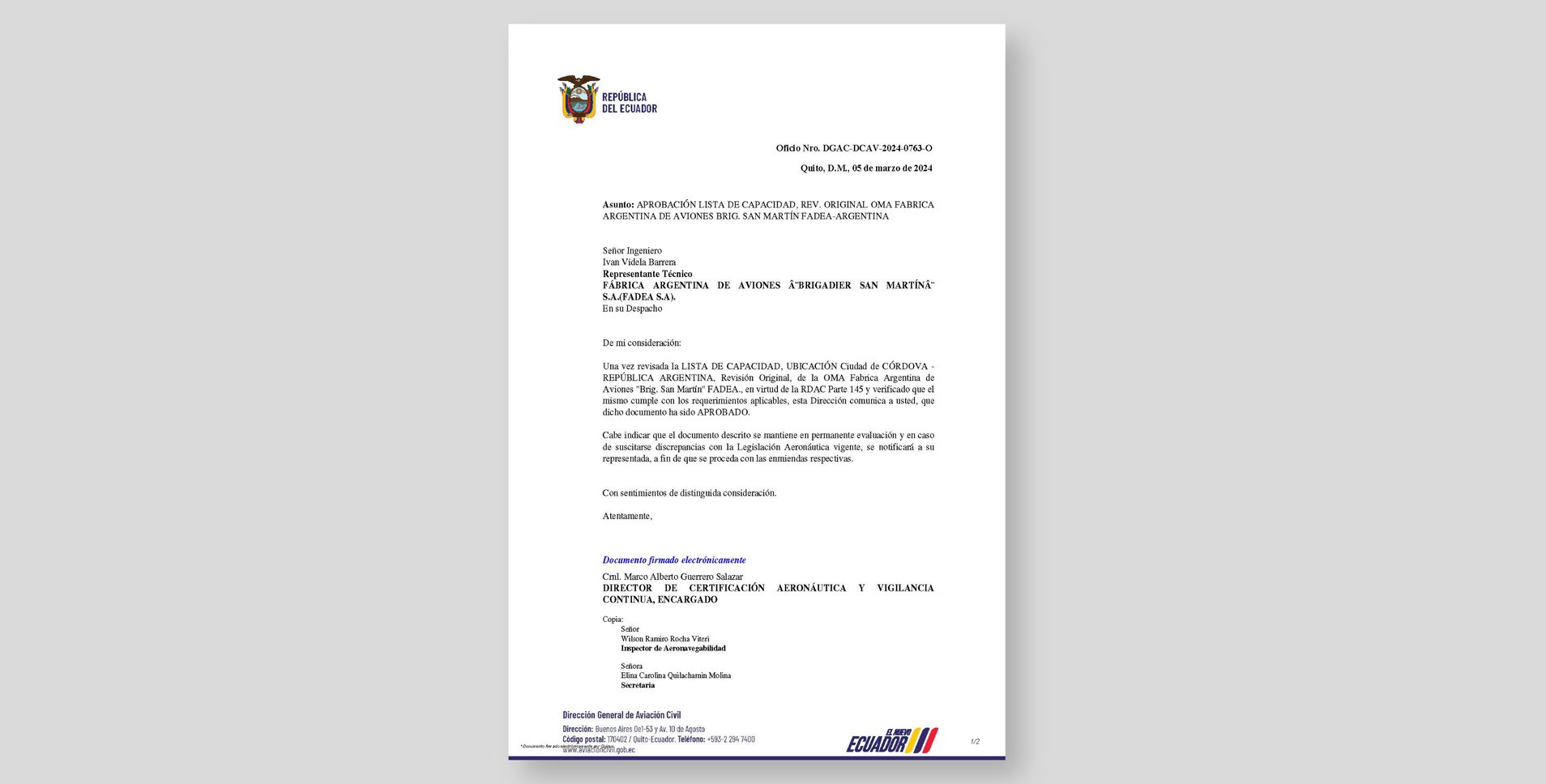 DGAC Ecuador - Aprobation Capabilities List