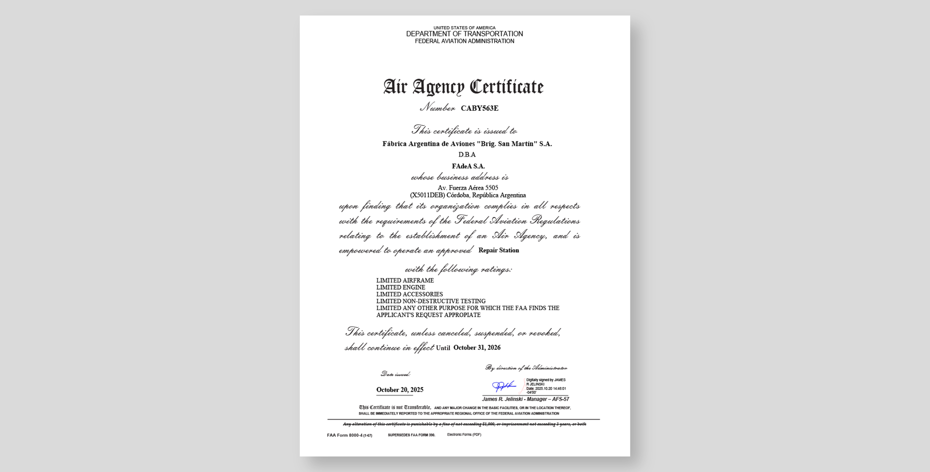 FAA - Certificado de Habilitación