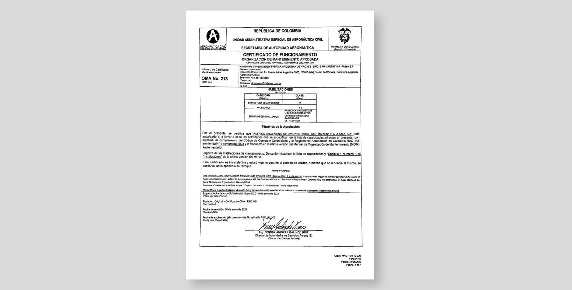 UAEAC Colombia - Certificado de Habilitación OMA 218