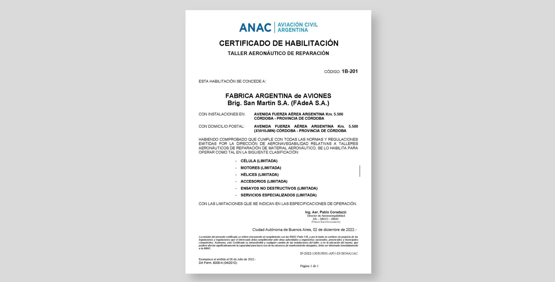 ANAC - Certificado de Habilitación Taller 1B-201