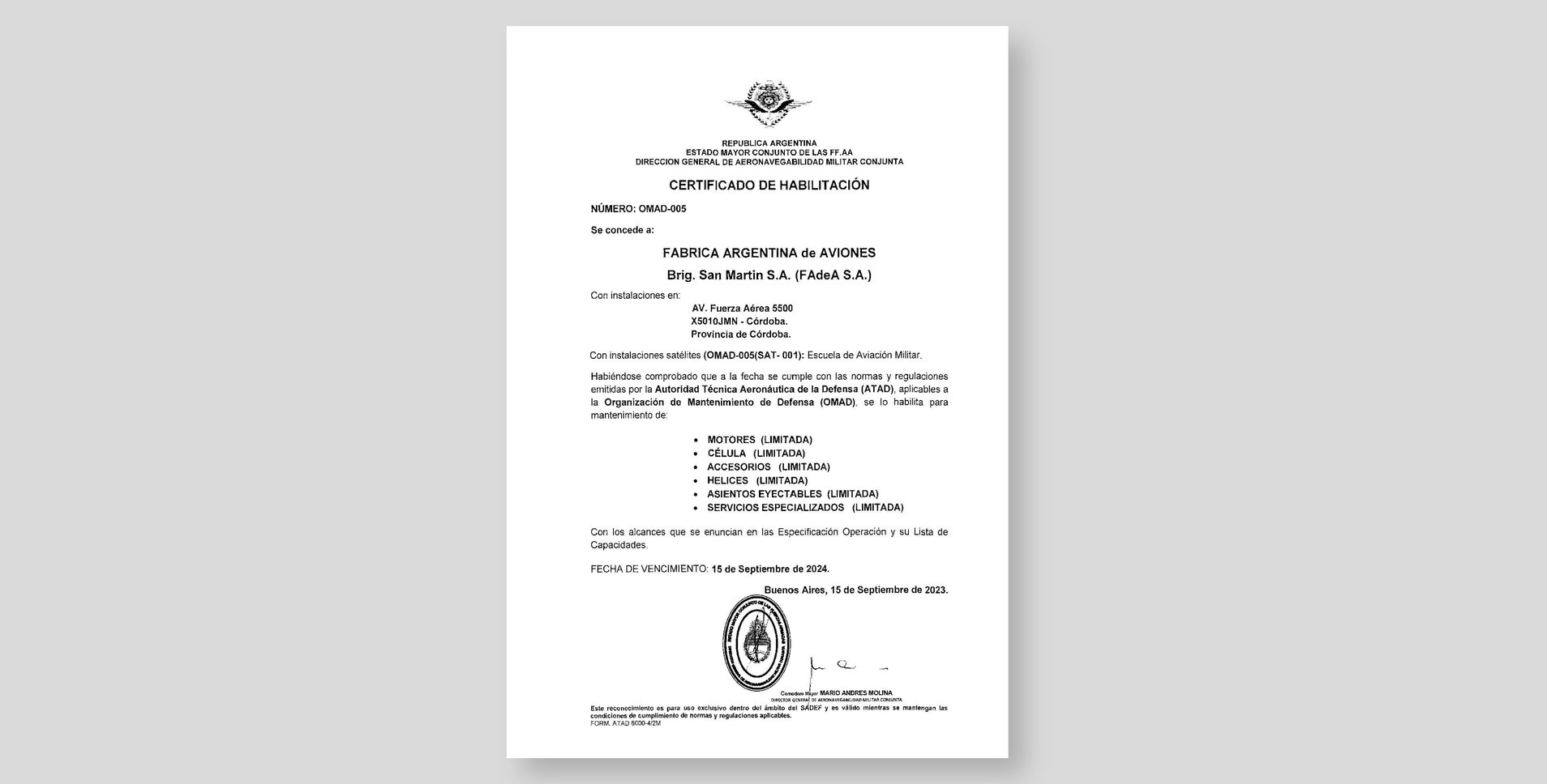 DIGAMC - Certificado de Habilitación OMAD 005